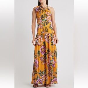 NWT FARM Rio Wonderful Bouquet Halter Maxi Dress Sz Large ORANGE